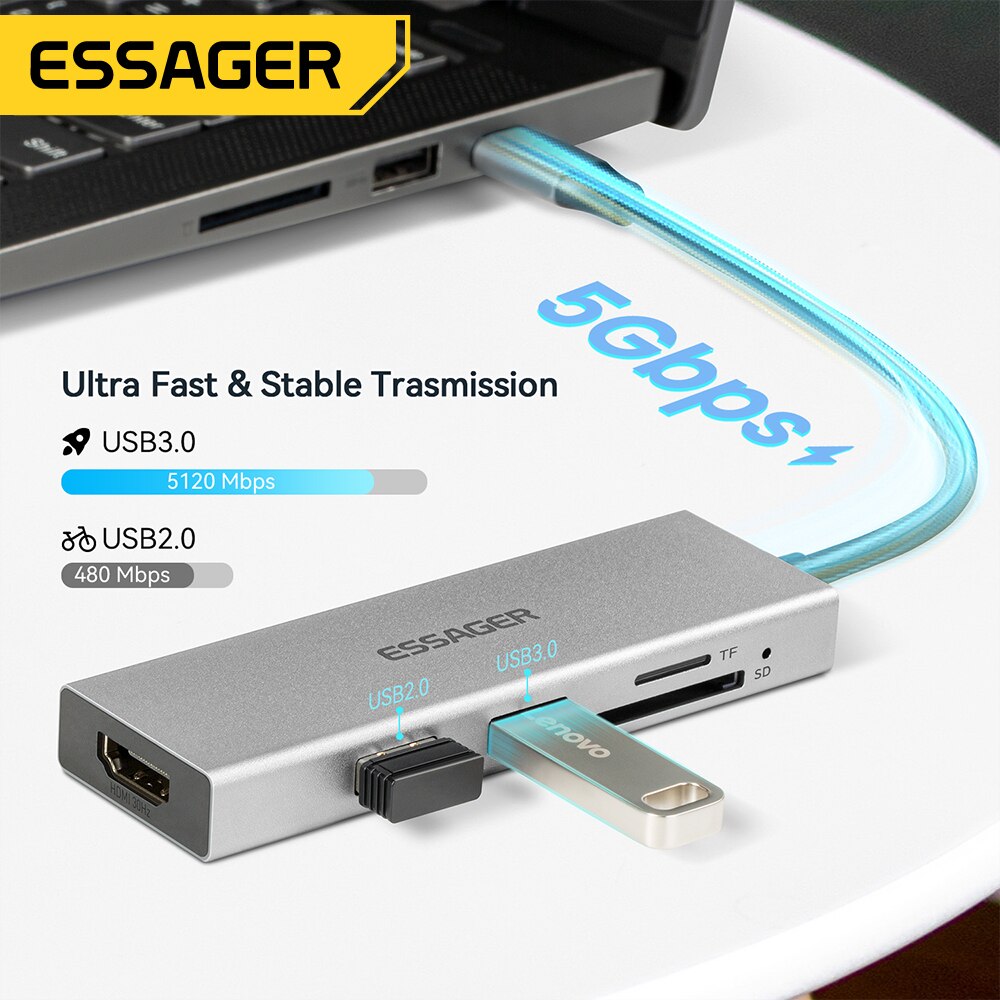 Essager 5 في 1 USB C HUB HDMI- - مراجعة Desk Setup Usb Hub وسعره